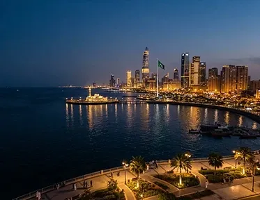 Jeddah waterfront and Red Sea skyline at blue hour