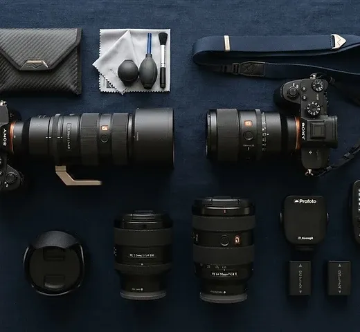 Professional photography cameras, lenses and lighting prepared for a shoot in Saudi Arabia