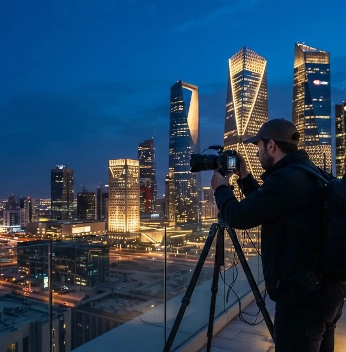 Professional photographer capturing the KAFD towers in Riyadh at dusk